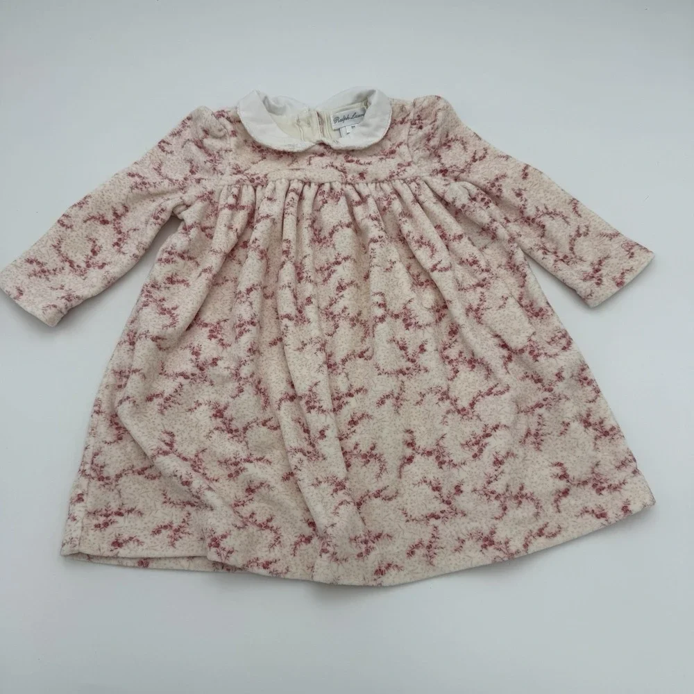 Ralph Lauren 9 Months Baby‎ Girl Pink Velvet Floral Dress Collar Soft 90% Cotton